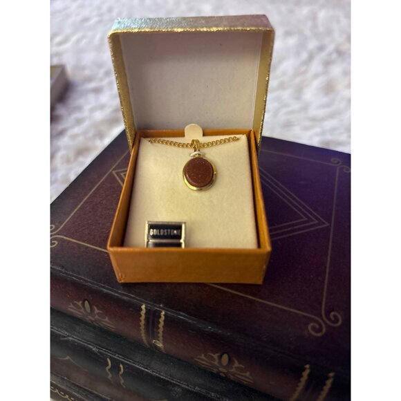 Vintage Goldstone Oval Pendant Necklace With Gold-Tone Chain In Gift Box - Picture 5 of 7
